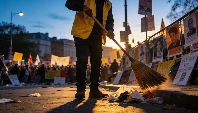 Sweeping street cleaner wearing hi-vis vest clearing protest litter at dusk with crowd and banners