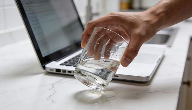 Hand tipping glass spilling water onto laptop on marble countertop, work-from-home accident
