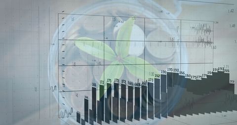 Financial data analysis with coins and plant image overlay