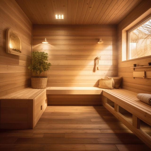 Bright wooden sauna with window and view to trees, created using generative ai technology. Sauna, relaxation and self care concept digitally generated image.