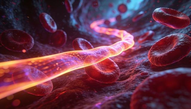 Glowing nanofiber navigating bloodstream among red blood cells for nanomedicine