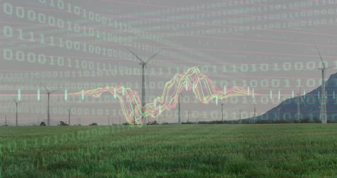 Binary code overlay on wind turbines in green field