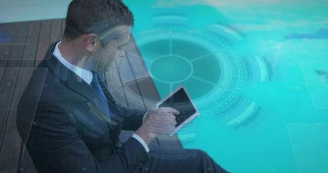 Executive interacting with tablet by pool with futuristic HUD interface for business