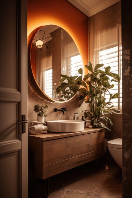 A gorgeous bathroom showcases a modern design with an illuminated round mirror above a white sink on a stylish wooden cabinet. Potted plants add a touch of nature and elegance, and natural light filters through the window, enhancing the warm ambiance. Perfect for home decor blogs, interior design inspiration, or ads for home furnishings and bathroom accessories.
