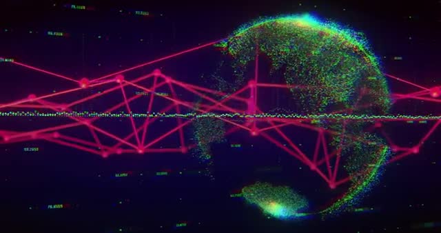 Visualization showing digital network connections and data points forming a globe. Represents concepts such as global communication, connection, cloud computing, internet infrastructure, data sharing, and information technology. Great for illustrating cloud services, cybersecurity, and future of global networking in presentations, reports, and banners.