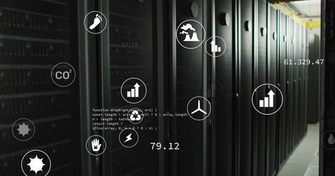 Dark datacenter aisle displaying telemetry overlay with energy metrics and server hud
