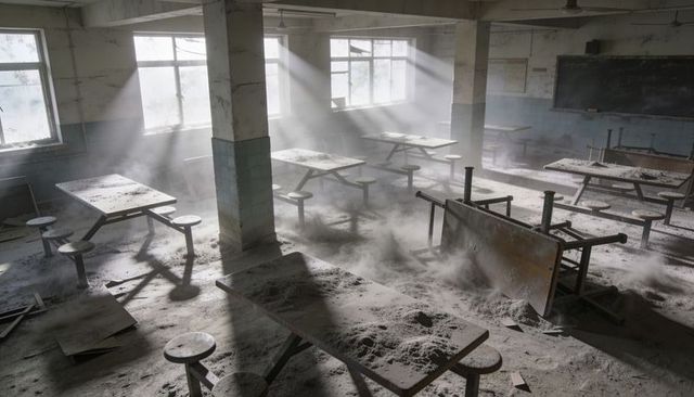 Abandoned school cafeteria coated in dust with sunbeams and tipped table