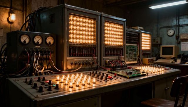 Vintage industrial control console glowing with bulbs, analog gauges, circuit boards