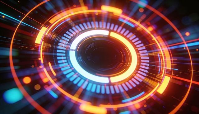 Rotating neon hud ui displaying cyan and orange circular data rings and radial ticks