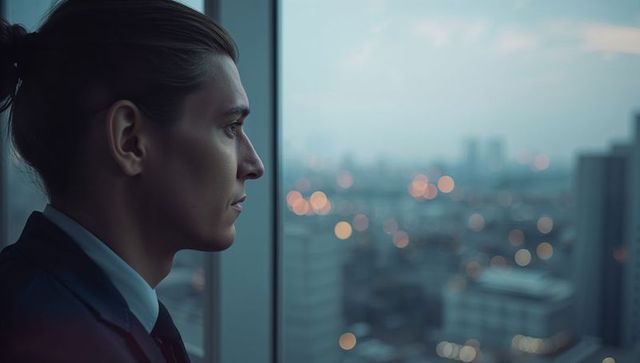Pensive businessman admiring urban dusk skyline