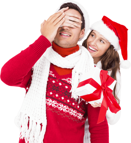 Festive Couple With Christmas Gift and Red Sweaters Transparent