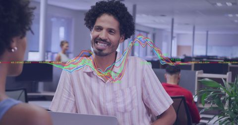 Financial Data Surfaces Above Office Colleagues Collaborating