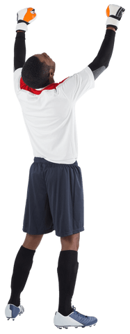 Excited Goalkeeper in White Cheering with Raised Gloves Transparent Background