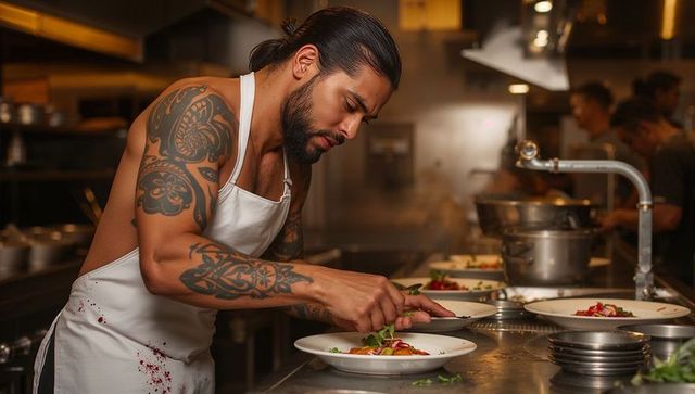 Tattooed chef plating gourmet dishes, arranging microgreens at busy kitchen pass