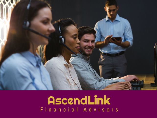 Professional advisors wearing headsets working together in an office environment. Perfect for displaying a modern business setting, teamwork in action, and financial consulting services. Great for illustrating customer support providers, corporate training materials, and business investment opportunities.