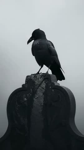 Raven Perching on Weathered Headstone in Misty Cemetery, Pecking and Taking Flight - Vertical Video