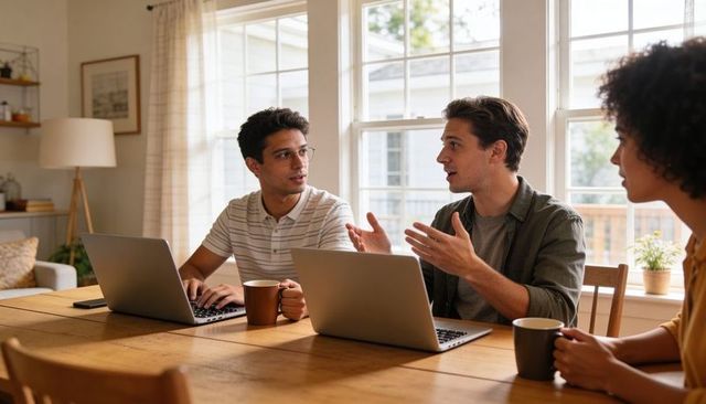 Young professionals collaborating at home with laptops and coffee, remote teamwork discussion