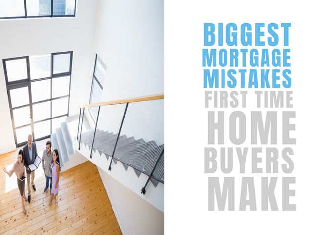 Family reviewing important mortgage mistakes for first-time home buyers in spacious hallway. Ideal for real estate agencies, home buying tips articles, mortgage advisors, financial blogs, educational materials on real estate.