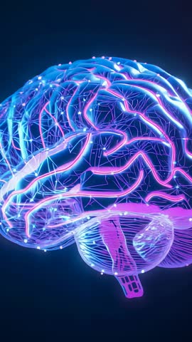 Rotating Pulsing Neon Brain Network Vertical Video for Neurotechnology and AI