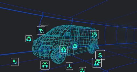 Futuristic 3D Wireframe Electric Van with Sustainable Energy Icons - Download Free Stock Images Pikwizard.com