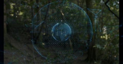 Floating holographic data orb rotating over forest canopy with inner globe and network nodes