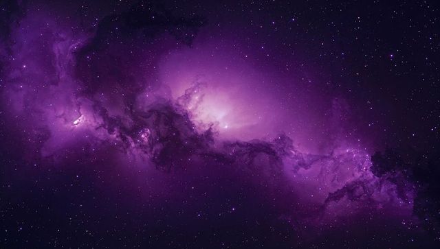 Glowing Purple Nebula Stretching Across Cosmic Space, Bright Core and Dark Dust Lanes