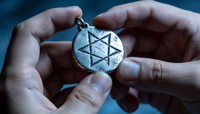 Hands holding worn star of david pendant close-up showing scratches and patina