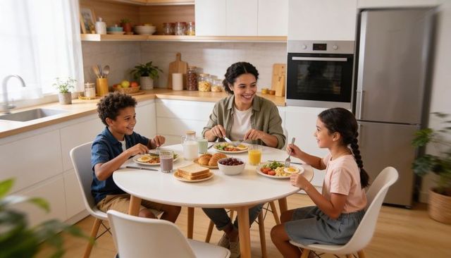 Smiling mother sharing healthy breakfast with two children at bright modern kitchen table