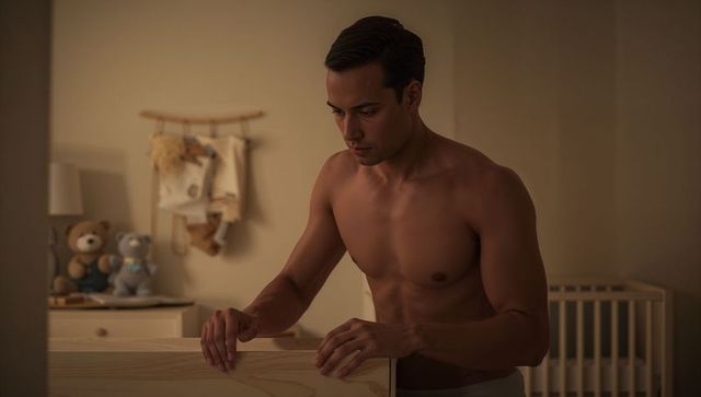 Shirtless hispanic father leaning over crib in warm nursery, nighttime bonding