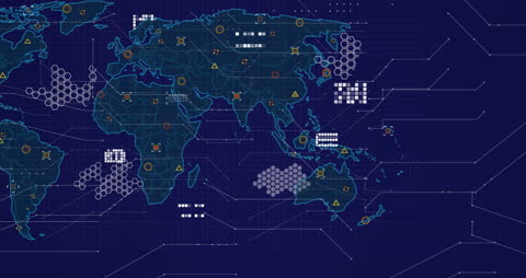 Global Data Processing Animation on Dark Blue Background