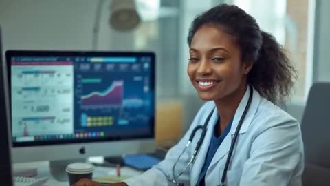 Smiling physician analyzing rising patient data trends on clinic monitor