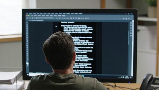 Editing Code on Large Monitor in Home Office, Developer Working at Desk