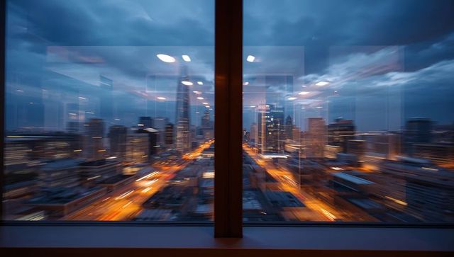High-rise window framing skyline at dusk with glowing light trails and glass reflections