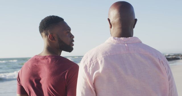 Image of african american senior father and adult son walking on beach and talking - Download Free Stock Photos Pikwizard.com