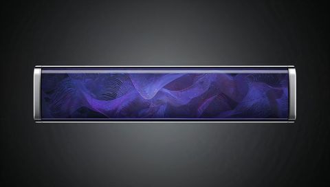 Ultra-wide curved oled display featuring metallic end caps and purple wave graphics
