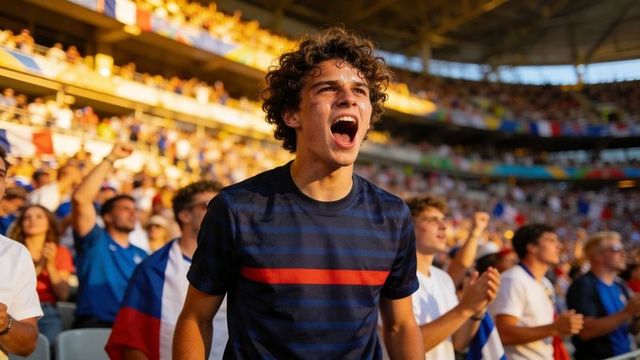 Young fan shouting and celebrating in packed sunlit stadium during intense soccer championship