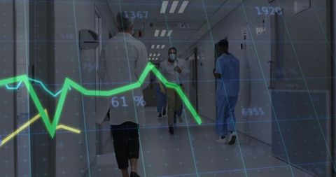 Healthcare Professionals Walking Hospital Corridor Analytics Overlay