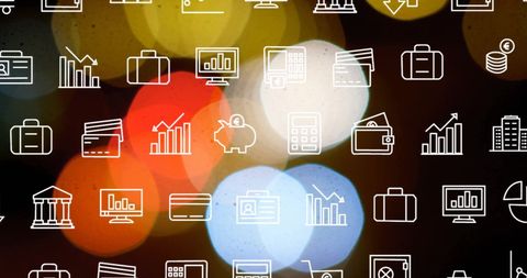 Digital Financial Icons with Abstract Colorful Lights Background