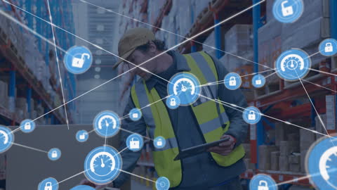 Digital Connectivity in Modern Warehouse with Worker and Network Icons