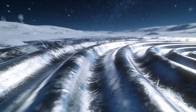 Glossy rippled ice reflecting starry night sky on snow plain futuristic metallic texture