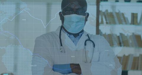 Confident Physician Standing in Modern Office with Data Overlay