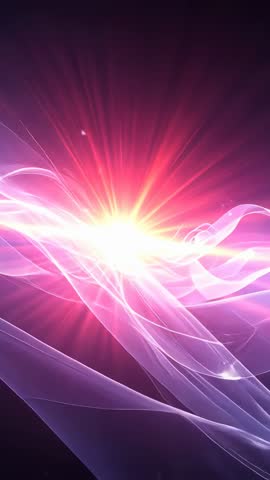 Pulsing energy core releasing magenta ribbons and radiant light rays in dark vertical motion