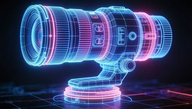 Holographic telephoto lens rotating on neon wireframe base with futuristic hud