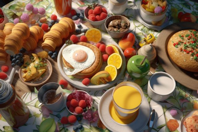 Sumptuous breakfast display with a variety of food items including fresh fruits, croissants, eggs, and pancakes. Ideal for promoting breakfast menus, hospitality industries, and culinary websites. Vivid colors and outdoor setting enhance a fresh and inviting atmosphere.
