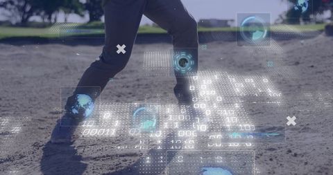 Athlete Balancing on Beach with Holographic Technology Interface