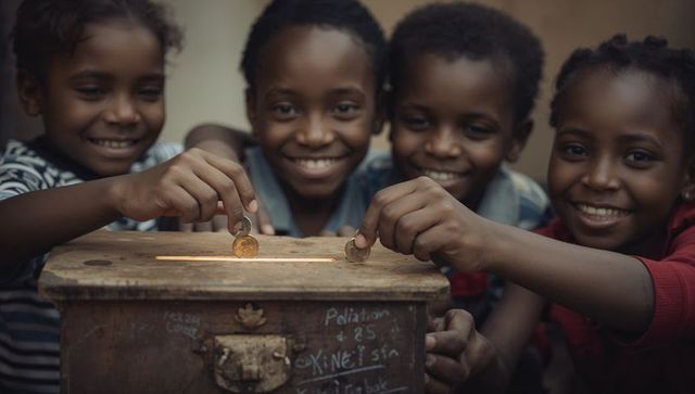 Kids saving coins into rustic wooden donation box, smiling and working together