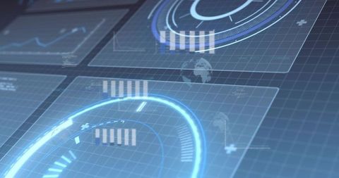 Holographic Futuristic HUD Display Showing Rotating Circular Gauges and Data Visualization
