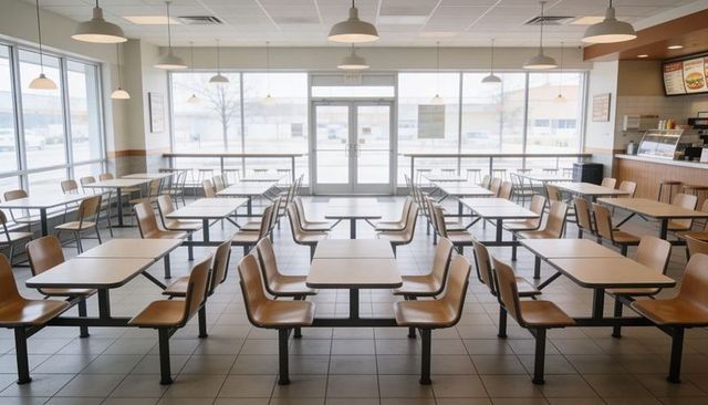 Framing central row of fixed tables and molded seats in bright fast-food dining area