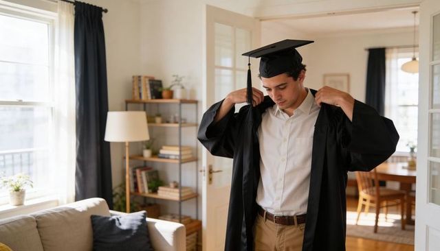 Young man putting on graduation gown and mortarboard at home preparing for milestone