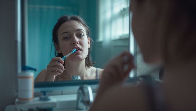 Young woman brushing teeth at bathroom mirror morning routine close-up natural light teal